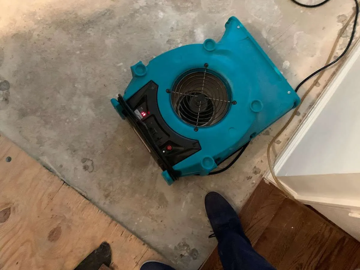 Air mover drying subfloor during Commercial Water Damage Restoration in Saks